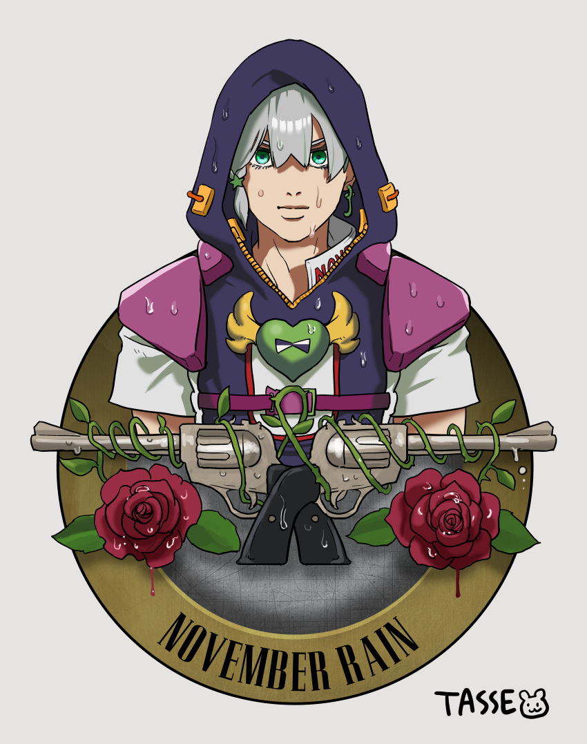1boy, absurdres, blue_eyes, copyright_name, flower, grey_hair, gun, guns_n'_roses, hair_between_eyes, highres, hood, hood_up, jodio_joestar, jojo_no_kimyou_na_bouken, logo, looking_at_viewer, revolver, rose, side_ponytail, signature, solo, tasse_jj, the_jojolands, upper_body, weapon, wet