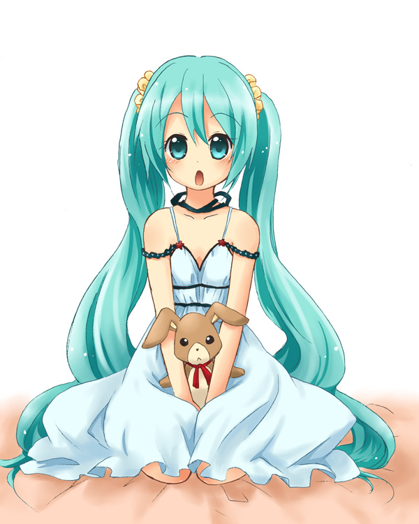 aqua_eyes, aqua_hair, bunny, dress, hatsune_miku, hidacafe, long_hair, open_mouth