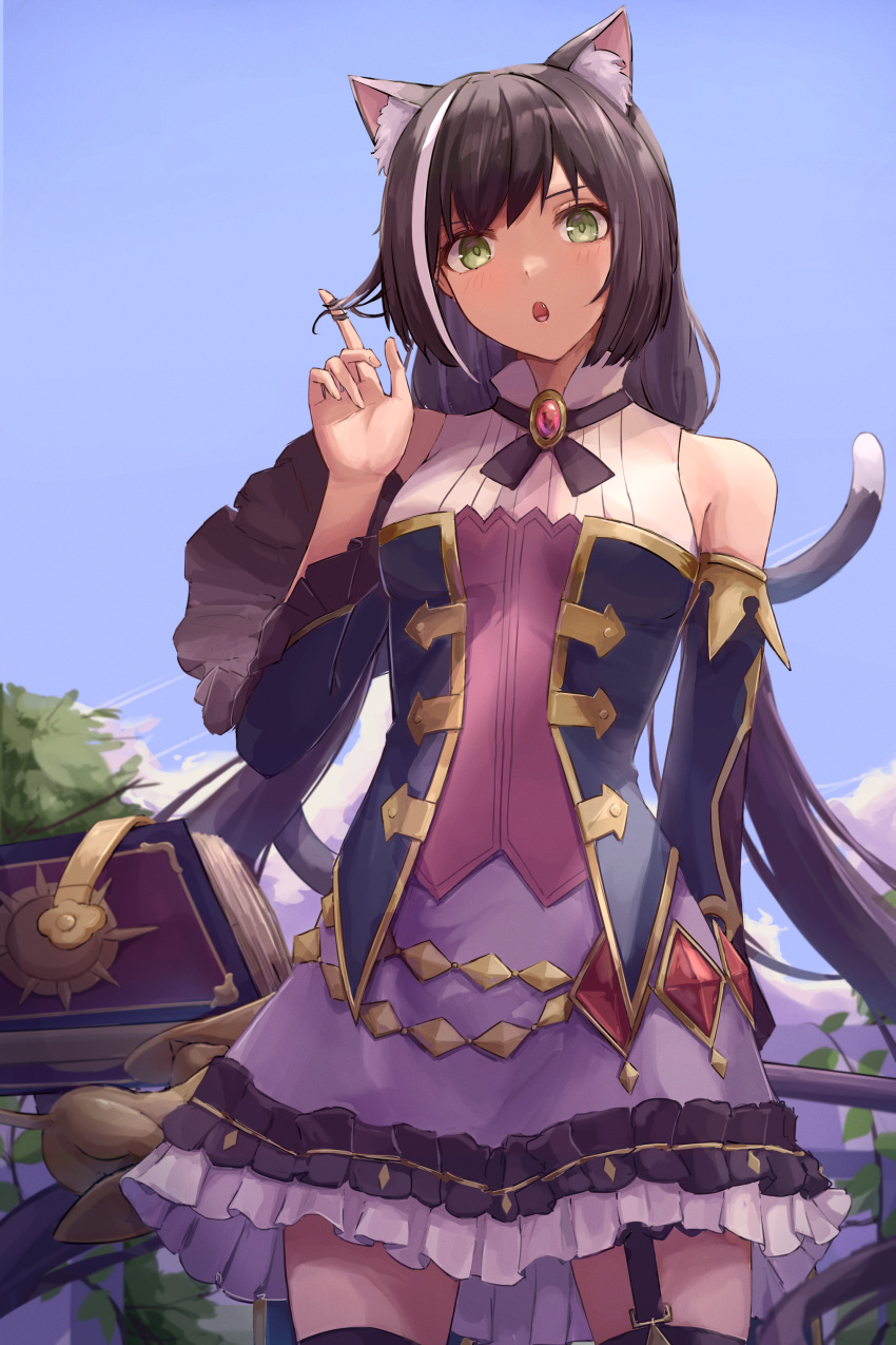 1girl, absurdres, animal_ear_fluff, animal_ears, bare_shoulders, black_hair, blue_sky, blue_sleeves