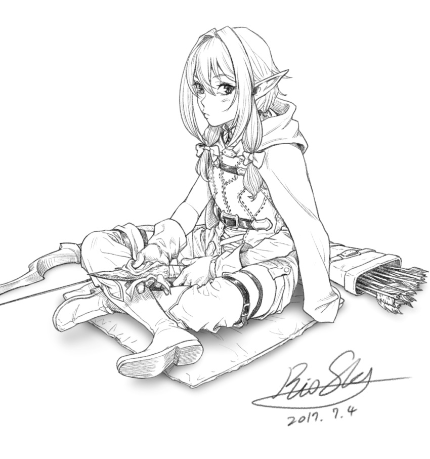 1girl, boots, bow, cleaning_weapon, cloak, closed_mouth, crossed_legs, dagger