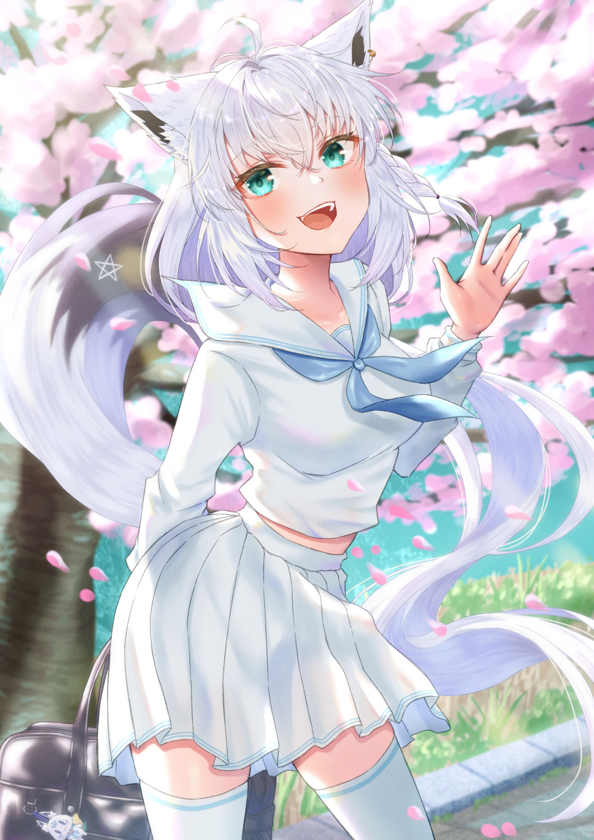 1girl, absurdres, ahoge, animal_ear_fluff, animal_ears, bag, blue_neckerchief, blurry
