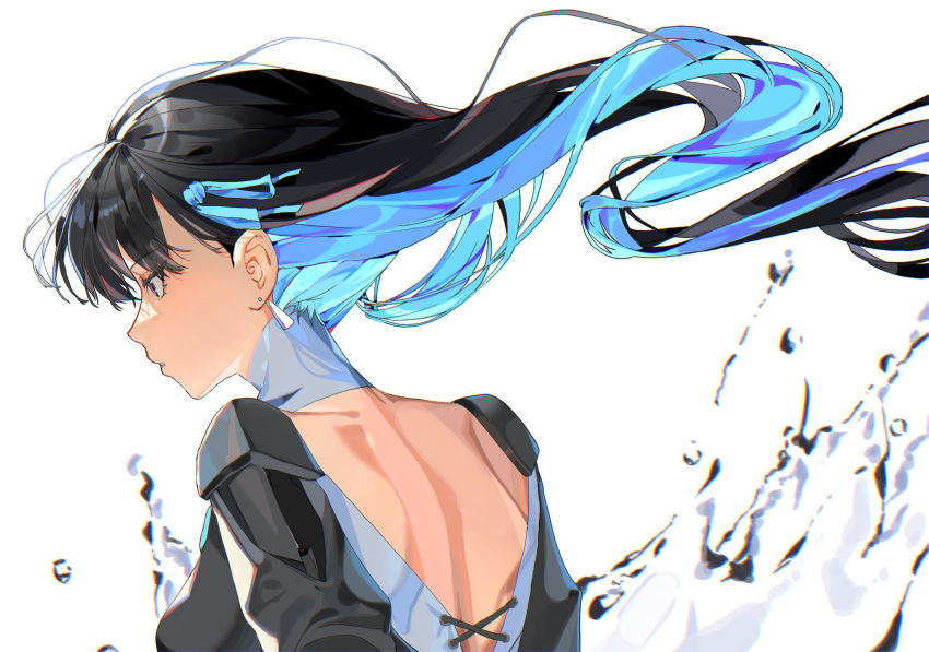 1girl, backless_dress, backless_outfit, black_hair, blue_eyes, blue_hair, colored_inner_hair, dress