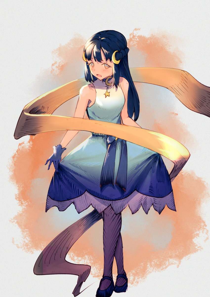 1girl, absurdres, blue_dress, blue_eyes, blue_gloves, blue_hair, choker, dress, gloves, hair_ornament, highres, hikari_(pokemon), long_hair, looking_at_viewer, moon_(ornament), open_mouth, pantyhose, pokemon, pokemon_(anime), pokemon_journeys, pokemongundam, solo, white_pantyhose