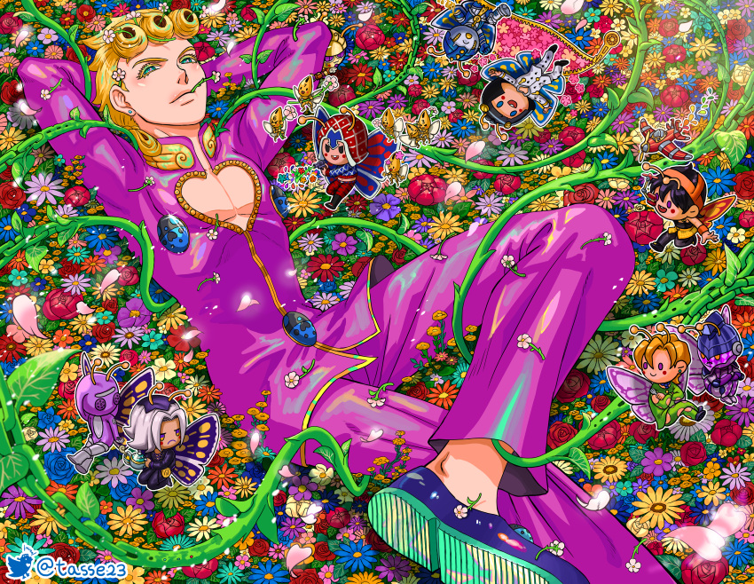 6+boys, absurdres, aerosmith_(stand), antennae, arms_behind_back, bruno_bucciarati, butterfly_wings, chain