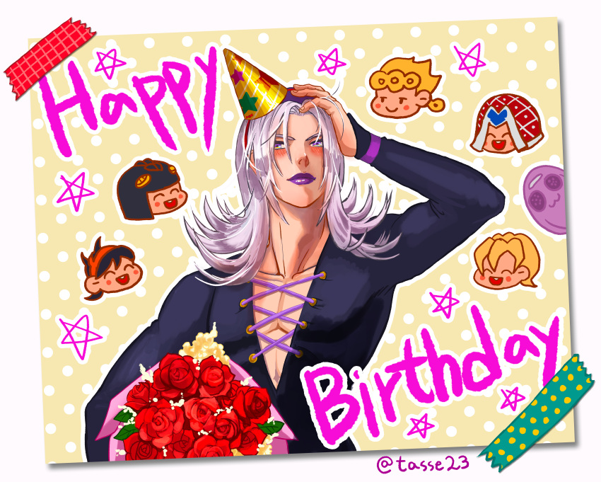 1boy, :3, absurdres, blue_eyes, blush, bouquet, bruno_bucciarati, chibi