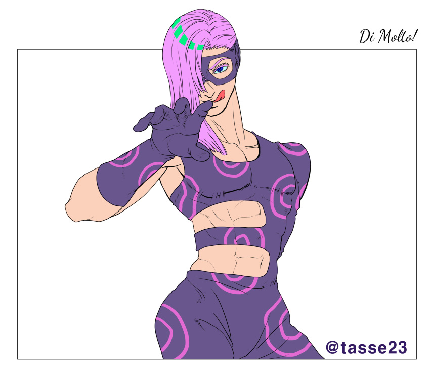 1boy, abs, absurdres, blue_eyes, catchphrase, clothing_cutout, cowboy_shot, domino_mask