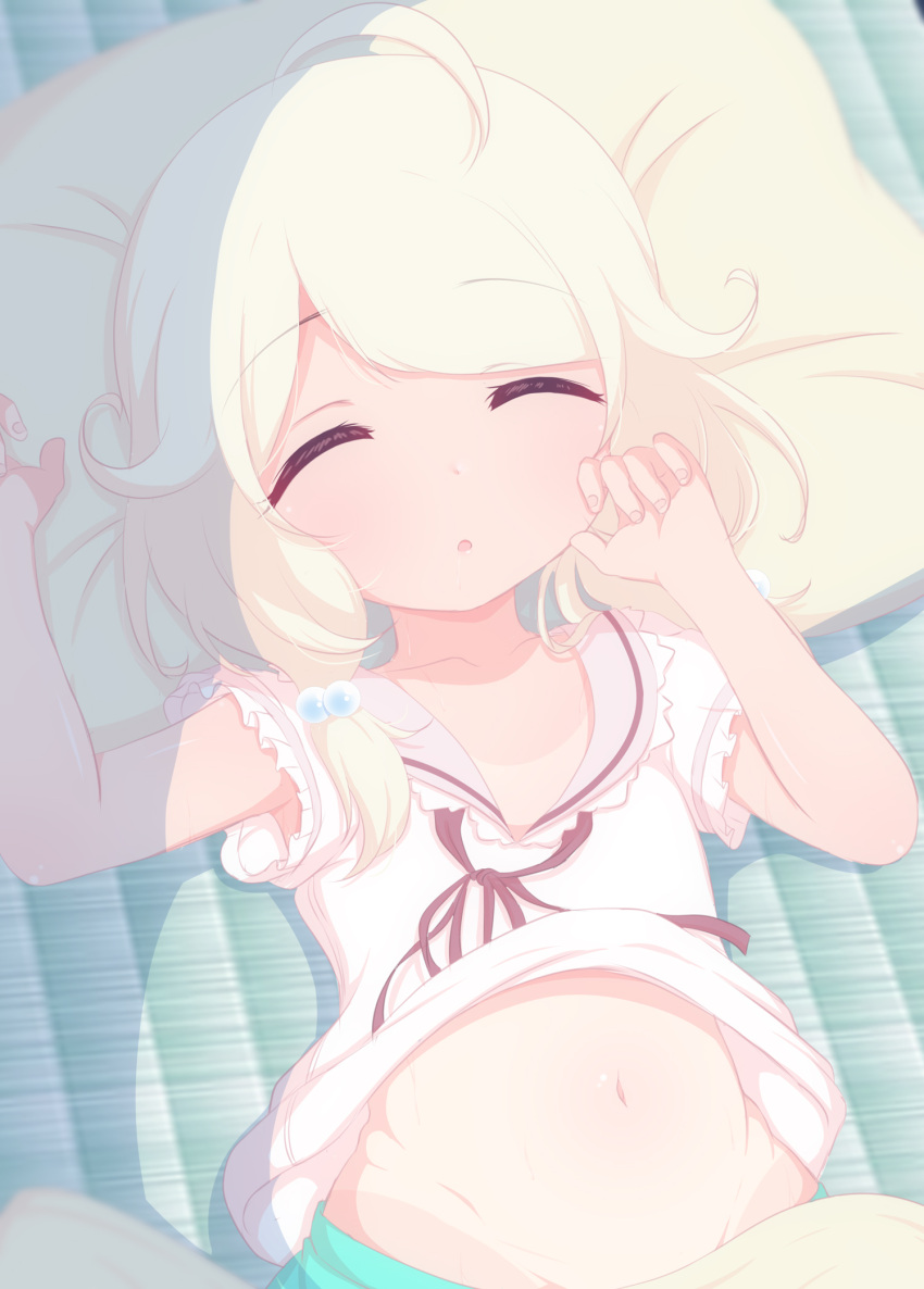 1girl, ahoge, belly, blonde_hair, closed_eyes, clothes_lift, collarbone, commentary_request