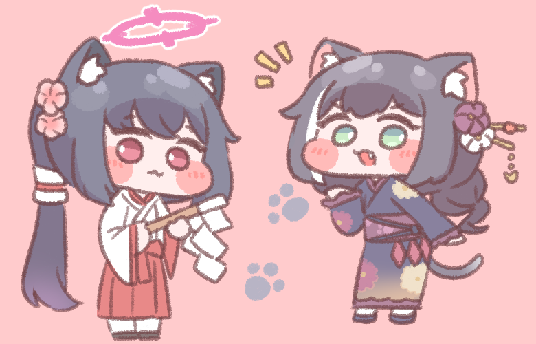 2girls, animal_ears, black_hair, blue_archive, blue_hair, blue_kimono, blush, cat_ears