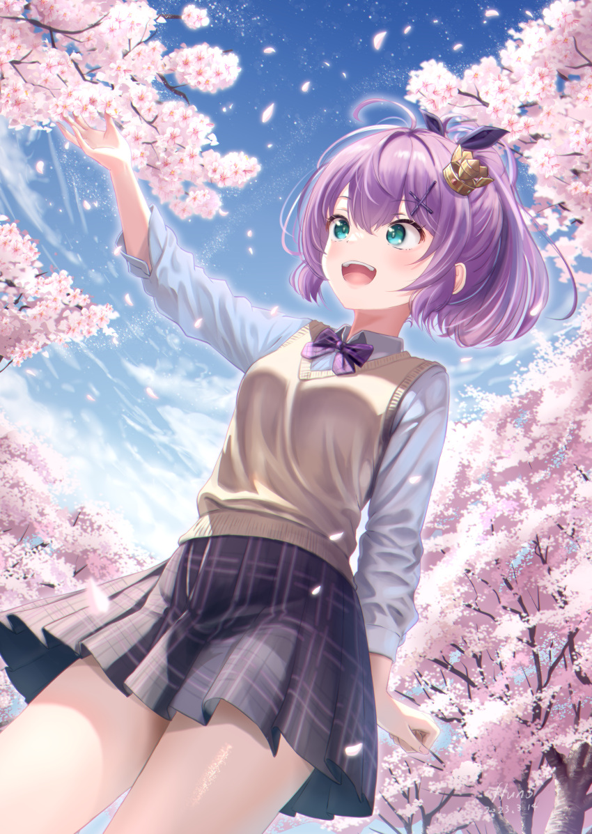 absurdres, azur_lane, azur_lane:_slow_ahead, blue_sky, bow, bowtie, cherry_blossoms, cross_hair_ornament