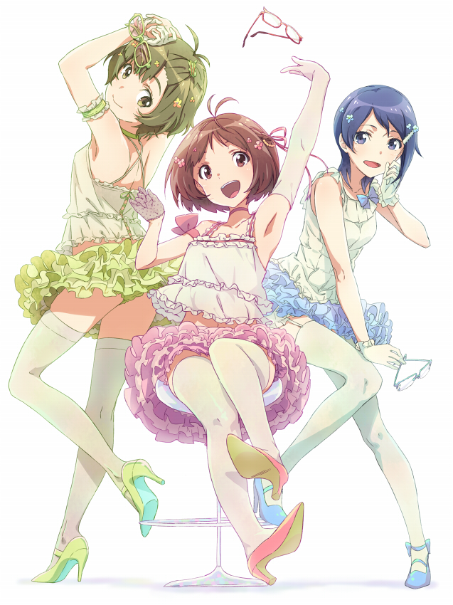 1boy, 2girls, ahoge, akizuki_ryou, antenna_hair, arm_ribbon, arm_up, armpits, arms_up, asymmetrical_gloves, back, bare_shoulders, blue_eyes, blue_hair, blue_ribbon, brown_eyes, brown_hair, camisole, closed_mouth, crossdressing, dearly_stars_(idolmaster), dress, frilled_gloves, frills, garter_straps, glasses, gloves, green_hair, hair_ornament, hairclip, hand_on_own_knee, hidaka_ai, high_heels, holding, holding_eyewear, idolmaster, idolmaster_dearly_stars, idolmaster_side-m, knee_up, lace, lace_gloves, layered_skirt, looking_back, midriff_peek, mizutani_eri, multiple_girls, open_mouth, otoko_no_ko, pinuett, ribbon, scrunchie, short_hair, simple_background, sitting, skirt, smile, stool, thigh-highs, throwing, uneven_gloves, white_background, zettai_ryouiki