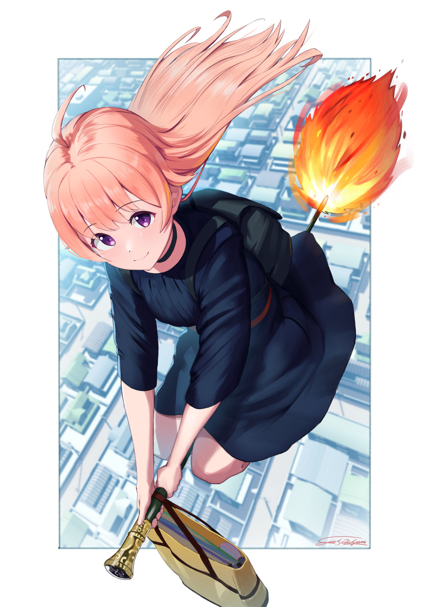 1girl, absurdres, ahoge, artist_name, backpack, bag, black_choker, black_dress