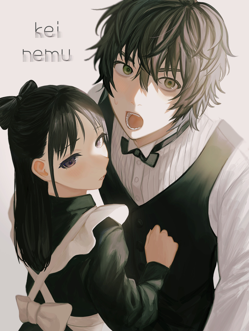 1boy, 1girl, :o, apron, black_bow, black_bowtie, black_hair, black_vest, bow, bowtie, character_name, formal, hair_between_eyes, hetero, highres, long_hair, magami_keigo, messy_hair, miyao_nemu, nennen_(pixiv14003276), shirt, simple_background, vest, white_background, white_shirt, witch_watch