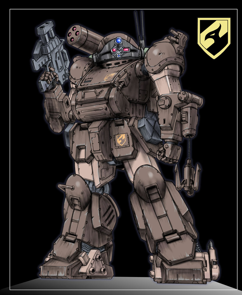 black_background, bounty_dog_(mecha), clenched_hand, full_body, grappling_hook, gun, holding, holding_gun