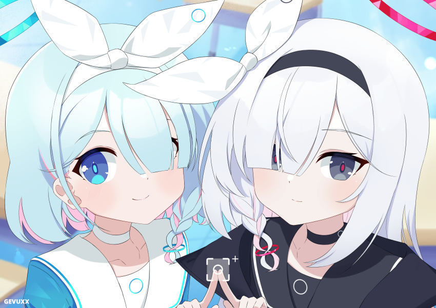 2girls, a.r.o.n.a_(blue_archive), absurdres, aqua_hair, arona_(blue_archive), black_choker, black_coat, black_eyes
