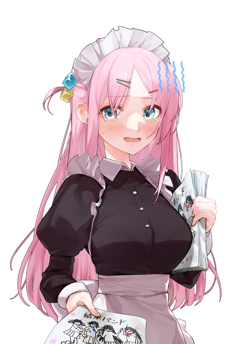 1girl, alternate_costume, alternate_hairstyle, apron, back_bow, blue_eyes, blush, bocchi_the_rock!