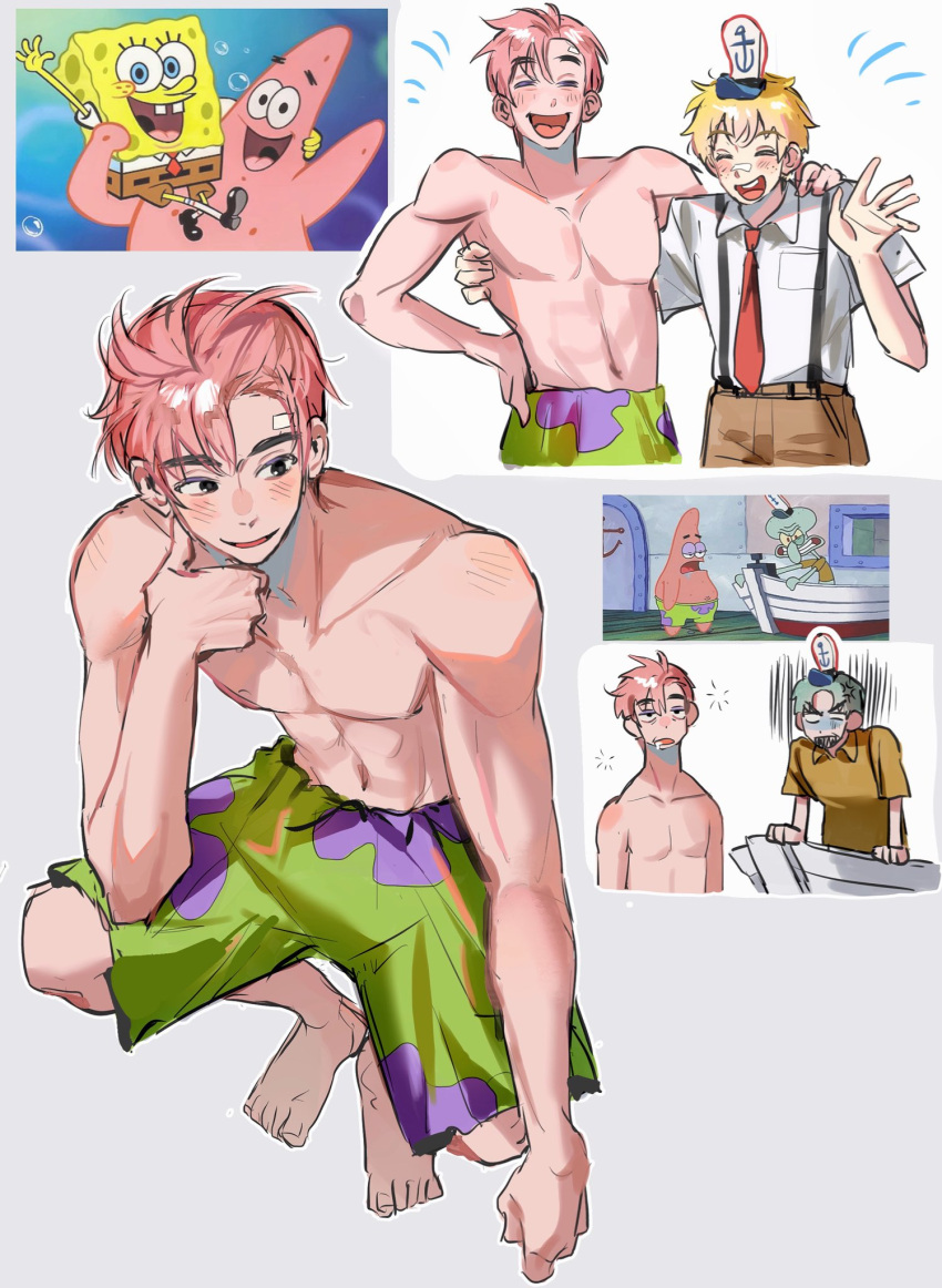 3boys, blonde_hair, green_hair, highres, humanization, multiple_boys, muscular, muscular_male