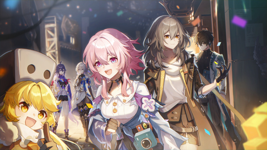 1boy, 5girls, ahoge, black_coat, black_gloves, black_hair, black_shirt, black_skirt