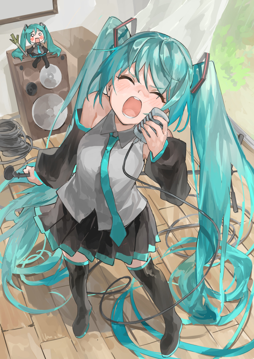 2girls, :o, absurdly_long_hair, aqua_eyes, aqua_hair, autumn_leaves, bare_shoulders, black_footwear, black_skirt, black_sleeves, blue_necktie, blush, boots, breasts, cable, closed_eyes, collared_shirt, commentary_request, curtains, detached_sleeves, facing_up, floor, food, from_above, full_body, grey_shirt, hachune_miku, hair_between_eyes, hair_spread_out, hatsune_miku, highres, himukai_aoi, holding, holding_food, holding_microphone, holding_microphone_stand, holding_spring_onion, holding_vegetable, ievan_polkka_(vocaloid), leaf, long_hair, looking_up, microphone, microphone_stand, miniskirt, multiple_girls, necktie, open_mouth, parquet_floor, picture_frame, pleated_skirt, shirt, skirt, sleeveless, sleeveless_shirt, small_breasts, speaker, spring_onion, standing, teeth, thigh_boots, twintails, v-shaped_eyebrows, vegetable, very_long_hair, vocaloid, white_curtains, wind, window, zettai_ryouiki