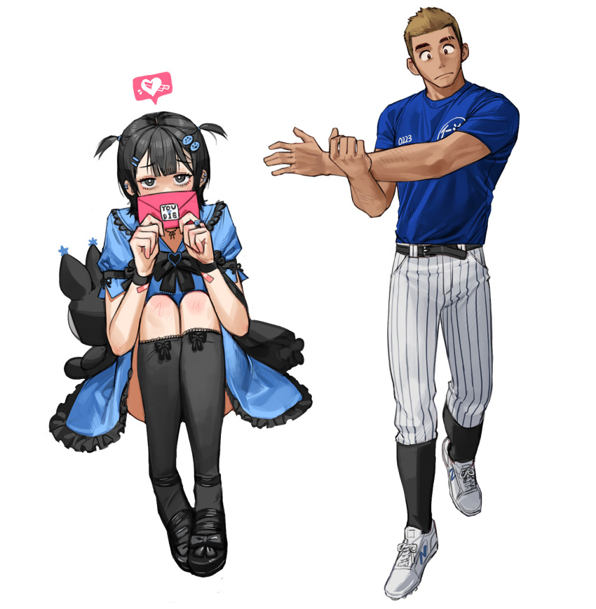 1boy, 1girl, belt, black_belt, black_footwear, black_hair, black_socks, blue_dress
