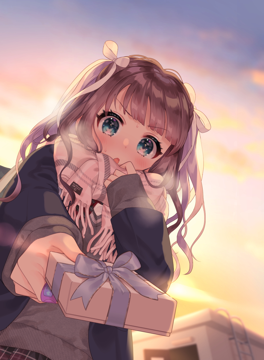 1girl, :o, aqua_eyes, bandaid, bandaid_on_hand, blush, brown_hair, commentary_request