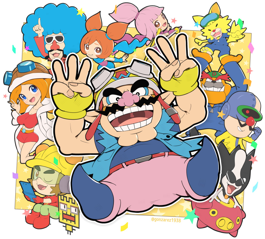3girls, 6+boys, 9-volt, afro, ana_(warioware), anniversary, arm_up, arms_up