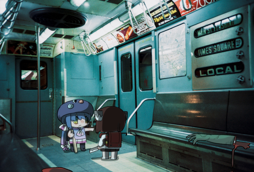 2girls, absurdres, backpack, bag, baseball_bat, black_skirt, blade, blood, blood_on_wall, blue_hair, blue_serafuku, bob_cut, bow, brown_hair, ceiling_light, chibi, commentary_request, crowbar, denki_enzanki, eel_hat, facing_another, film_grain, fluorescent_lamp, full_body, gradient_clothes, gradient_hair, green_eyes, hair_bow, headgear, highres, holding, holding_baseball_bat, holding_knife, knife, long_sleeves, multicolored_hair, multiple_girls, neckerchief, otomachi_una, otomachi_una_(talkex), photo_background, pink_hair, pink_serafuku, pink_skirt, pleated_skirt, pointing, randoseru, red_bag, sailor_collar, school_uniform, serafuku, severed_limb, shirt, skirt, sleeveless, sleeveless_shirt, standing, subway, talkex, tile_wall, tiles, touhoku_kiritan, train_interior, twintails, two-tone_skirt, voiceroid, white_bow, white_neckerchief, white_sailor_collar, white_shirt, white_skirt, zombie