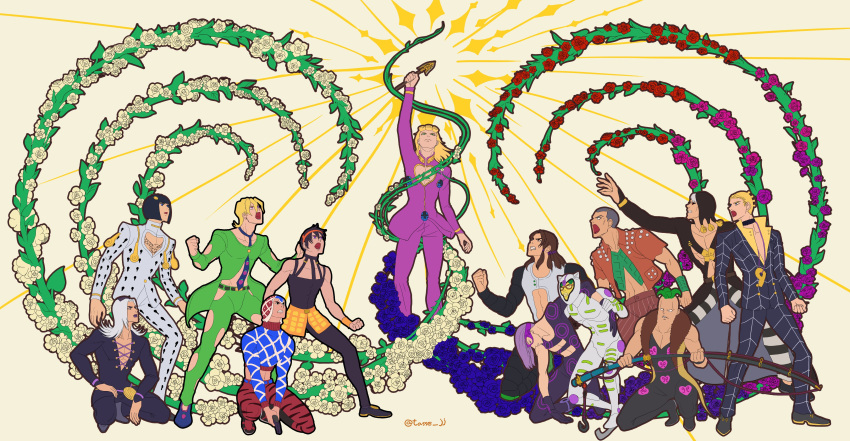 6+boys, abs_cutout, absurdres, arrow_(jojo), arrow_print, beach_boy_(stand), black_hair, blonde_hair
