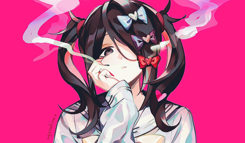 1girl, ame-chan_(needy_girl_overdose), artist_name, black_hair, black_nails, blue_bow, blue_shirt, bow