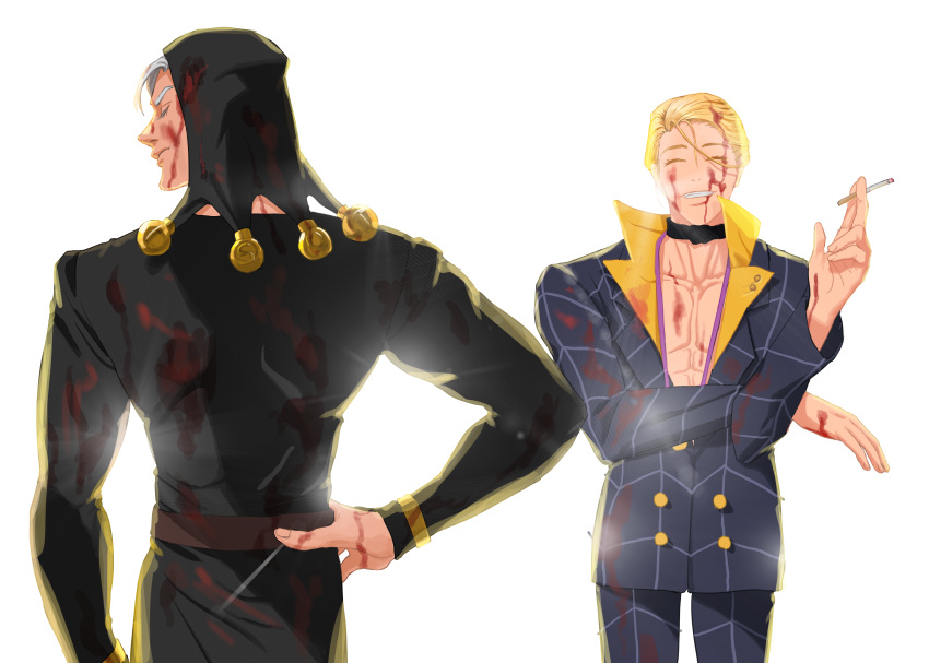 2boys, absurdres, arrow_print, backlighting, blonde_hair, blood, blood_on_clothes, blood_on_face