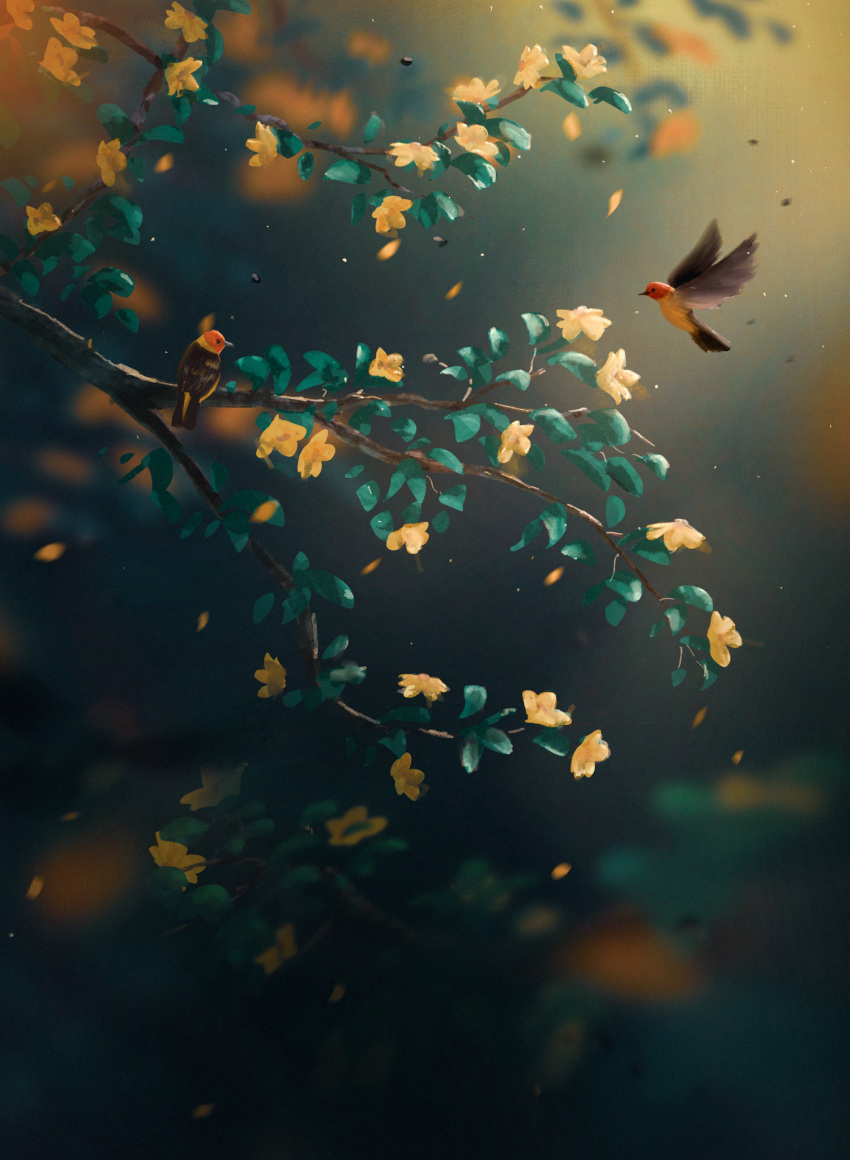 bird, blurry, branch, depth_of_field, falling_petals, flower, highres, no_humans