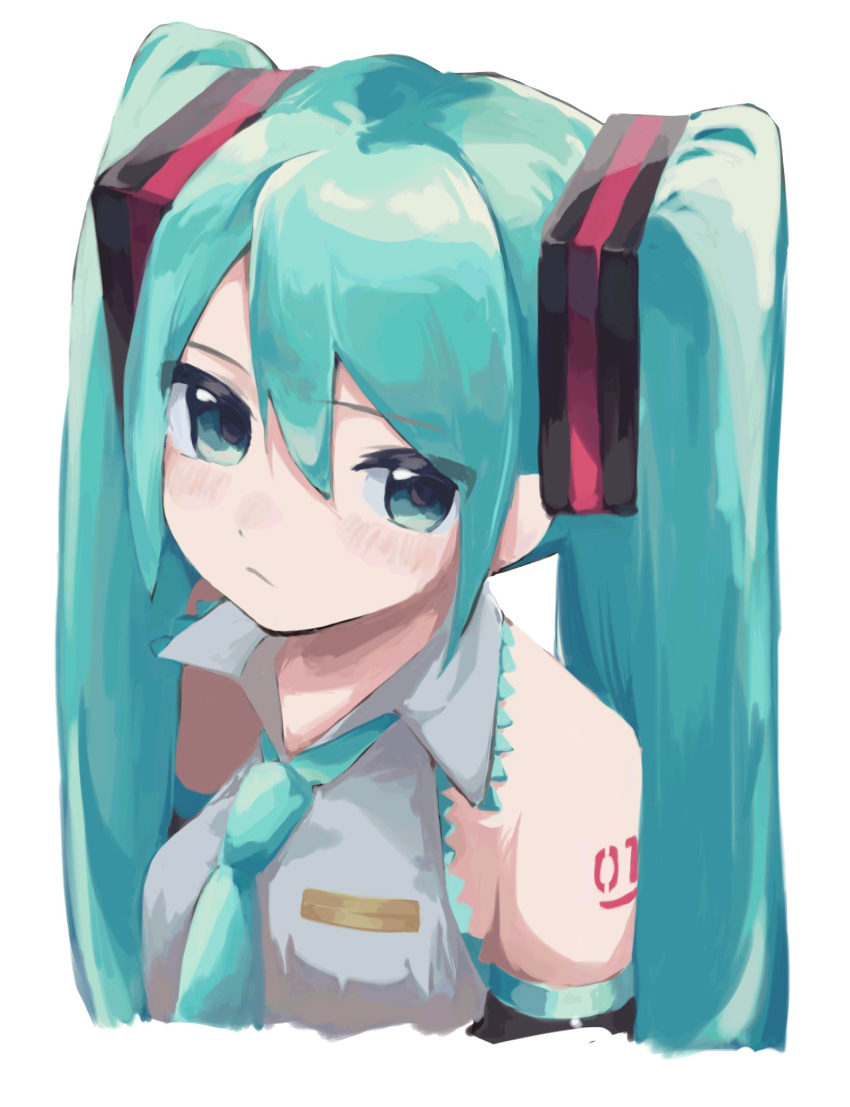 1girl, aqua_eyes, aqua_hair, aqua_necktie, asymmetrical_bangs, bare_shoulders, black_ribbon, black_sleeves, breasts, closed_mouth, collared_shirt, cropped_torso, detached_sleeves, dot_nose, grey_shirt, hair_between_eyes, hair_ribbon, hatsune_miku, highres, lace-trimmed_shirt, lace_trim, light_blush, light_frown, long_hair, looking_at_viewer, medium_breasts, necktie, neon_trim, number_tattoo, poncha_(fks), ribbon, shirt, shoulder_tattoo, sidelocks, sleeveless, sleeveless_shirt, solo, straight_hair, swept_bangs, tattoo, twintails, vocaloid, white_background