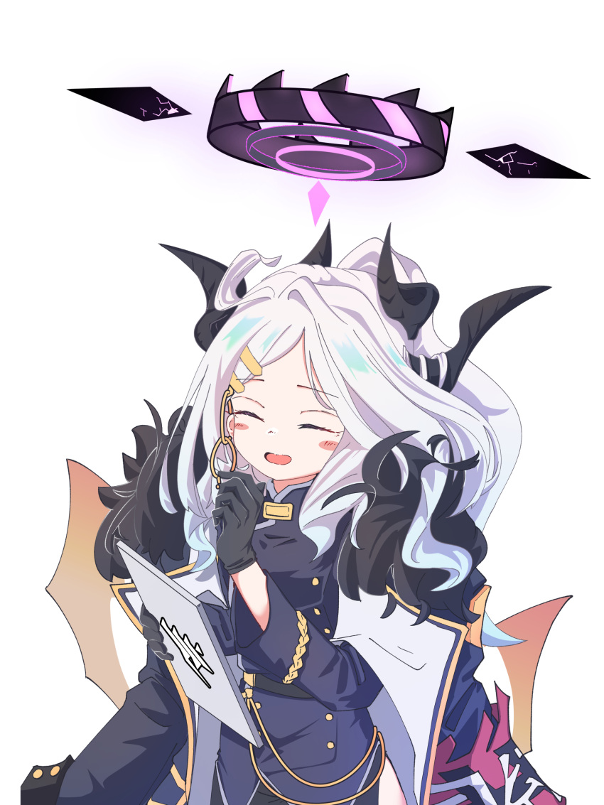 1girl, :d, ^_^, absurdres, ahoge, armband, belt, black_coat