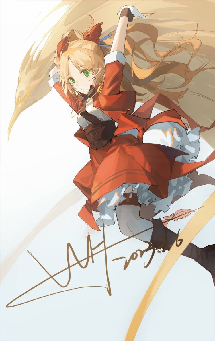 1girl, 8873206812, animal, arknights, arms_up, bird, black_bow, black_footwear