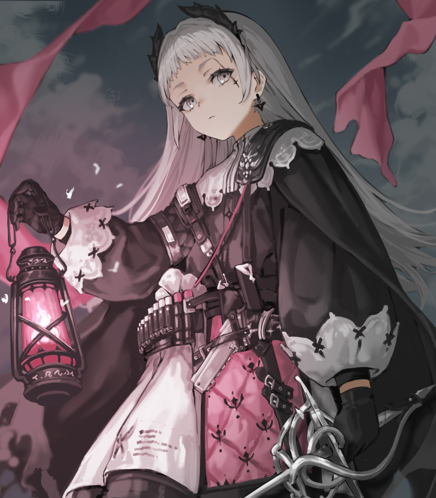1girl, absurdres, arknights, black_gloves, black_jacket, capelet, closed_mouth, clouds, cloudy_sky, commentary_request, fairxw, gloves, grey_eyes, grey_hair, highres, holding, holding_lantern, holding_sword, holding_weapon, irene_(arknights), jacket, lantern, long_hair, long_sleeves, looking_at_viewer, outdoors, pleated_skirt, puffy_long_sleeves, puffy_sleeves, skirt, sky, solo, sword, very_long_hair, weapon, white_capelet, white_skirt