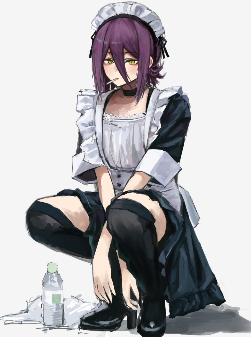 1girl, apron, black_choker, black_footwear, black_socks, bottle, chainsaw_man, choker, cigarette, deyo_(nicijyou), green_eyes, hair_between_eyes, high_heels, highres, kneehighs, looking_to_the_side, maid, maid_apron, maid_headdress, purple_hair, reze_(chainsaw_man), short_hair, simple_background, smoking, socks, solo, squatting, water_bottle, white_background