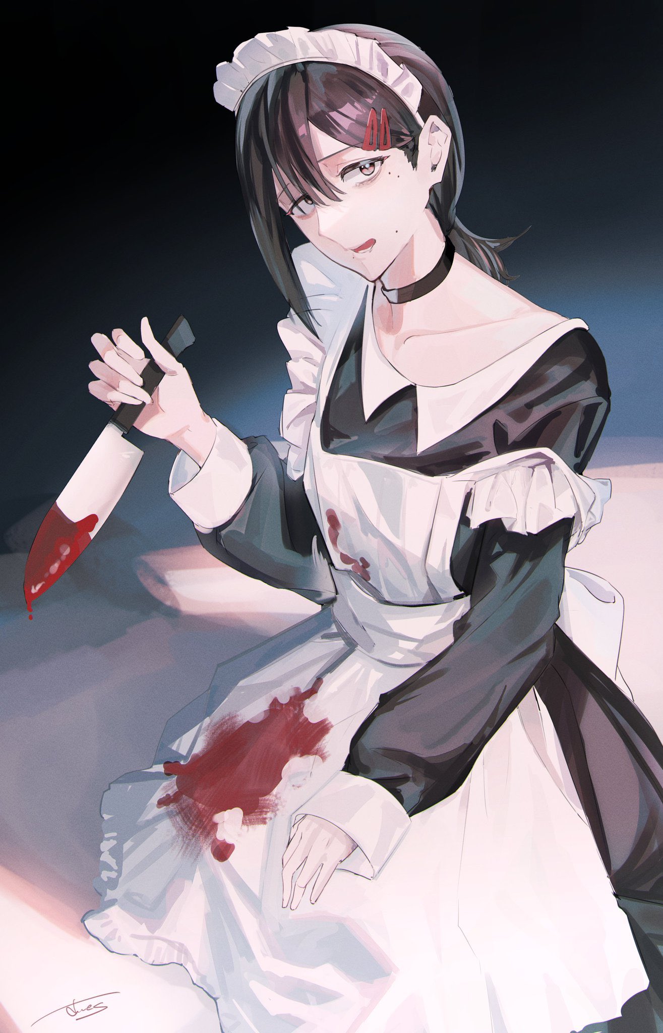 1girl, apron, black_choker, black_hair, blood, blood_on_clothes, blood_on_knife, chainsaw_man