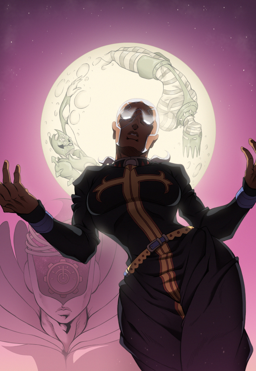 1boy, 4boys, c-moon_(stand), cassock, contrapposto, cowboy_shot, dark-skinned_male, dark_skin