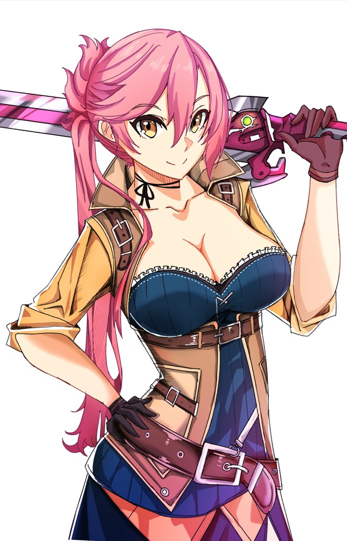 1girl, belt, breasts, cleavage_cutout, clothing_cutout, eiyuu_densetsu, gloves, holding