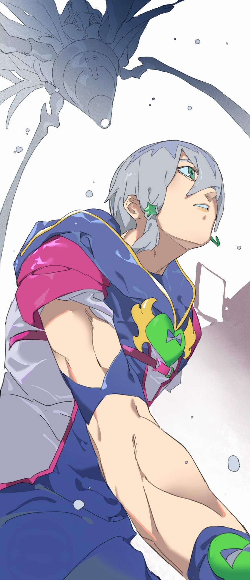 1boy, absurdres, armband, braid, earrings, from_below, green_eyes, grey_hair, hair_between_eyes, hair_ornament, highres, hood, hoodie, jewelry, jodio_joestar, jojo_no_kimyou_na_bouken, november_rain_(stand), pretty-purin720, rain, short_hair, side_braid, stand_(jojo), star_(symbol), star_hair_ornament, the_jojolands