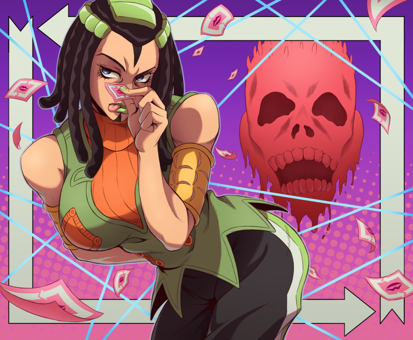 1girl, armband, arrow_(symbol), bare_shoulders, black_hair, blue_eyes, breasts, dreadlocks, ermes_costello, green_lips, highres, inset, jojo_no_kimyou_na_bouken, kristallion, large_breasts, leaning_forward, licking_lips, lipstick_mark, sleeveless, sleeveless_turtleneck, solo, sports_max, sticker, stone_ocean, string, tongue, tongue_out, turtleneck, zombie