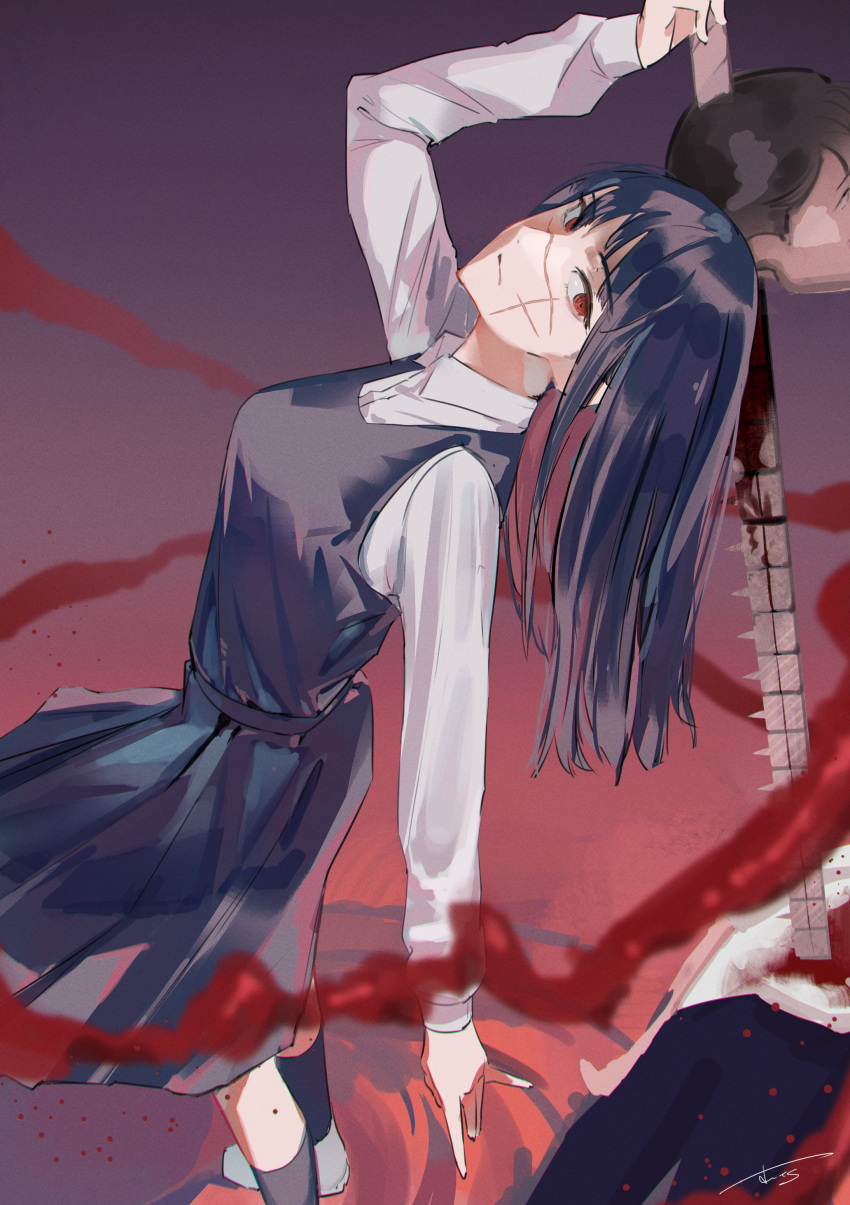1girl, absurdres, black_hair, blood, chainsaw_man, cross_scar, dress, fourth_east_high_school_uniform