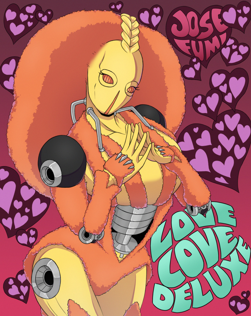 1girl, afro, braid, character_name, cowboy_shot, eyelashes, heart, highres, jojo_no_kimyou_na_bouken, jojolion, kristallion, love_love_deluxe_(stand), no_humans, orange_hair, solo, stand_(jojo), steepled_fingers