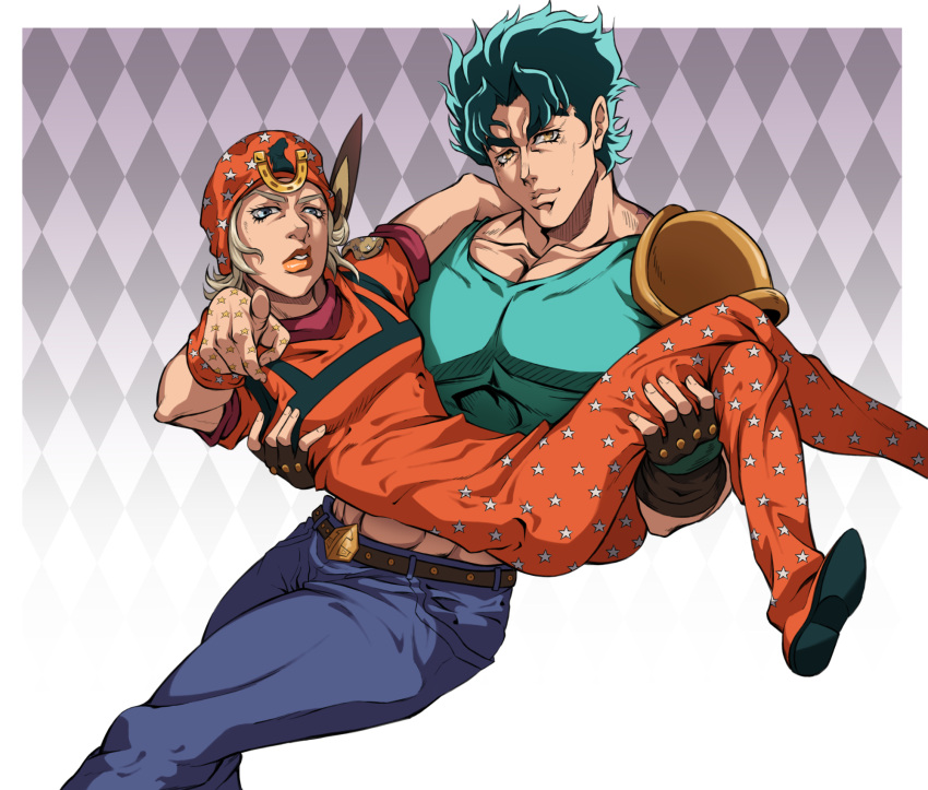 2boys, abs_peek, argyle, argyle_background, armor, blonde_hair, blue_hair, carrying, fingerless_gloves, gloves, hat, highres, johnny_joestar, jojo_no_kimyou_na_bouken, jonathan_joestar, kristallion, multiple_boys, name_connection, pauldrons, phantom_blood, pointing, pointing_at_viewer, princess_carry, shoulder_armor, star_(symbol), star_print, steel_ball_run