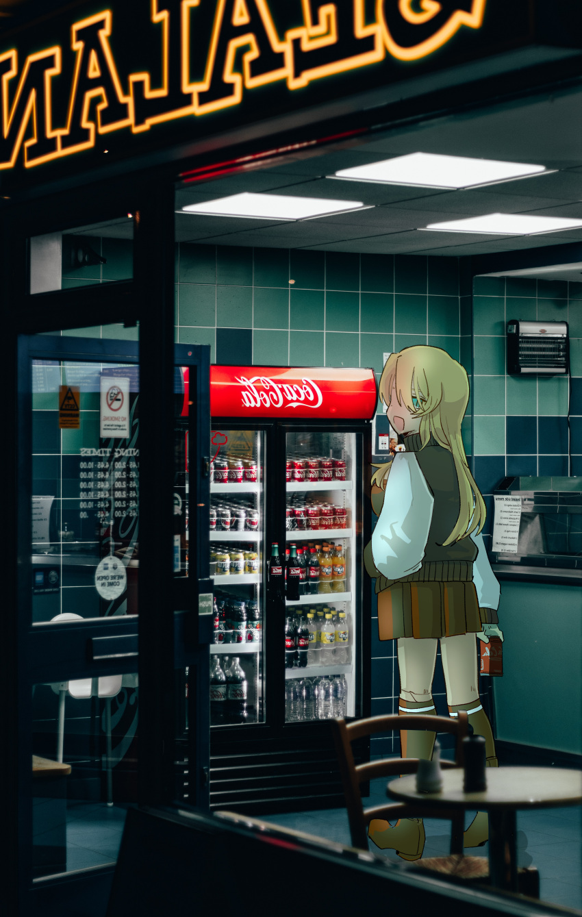 1girl, absurdres, blonde_hair, boots, brown_footwear, brown_skirt, can, ceiling_light
