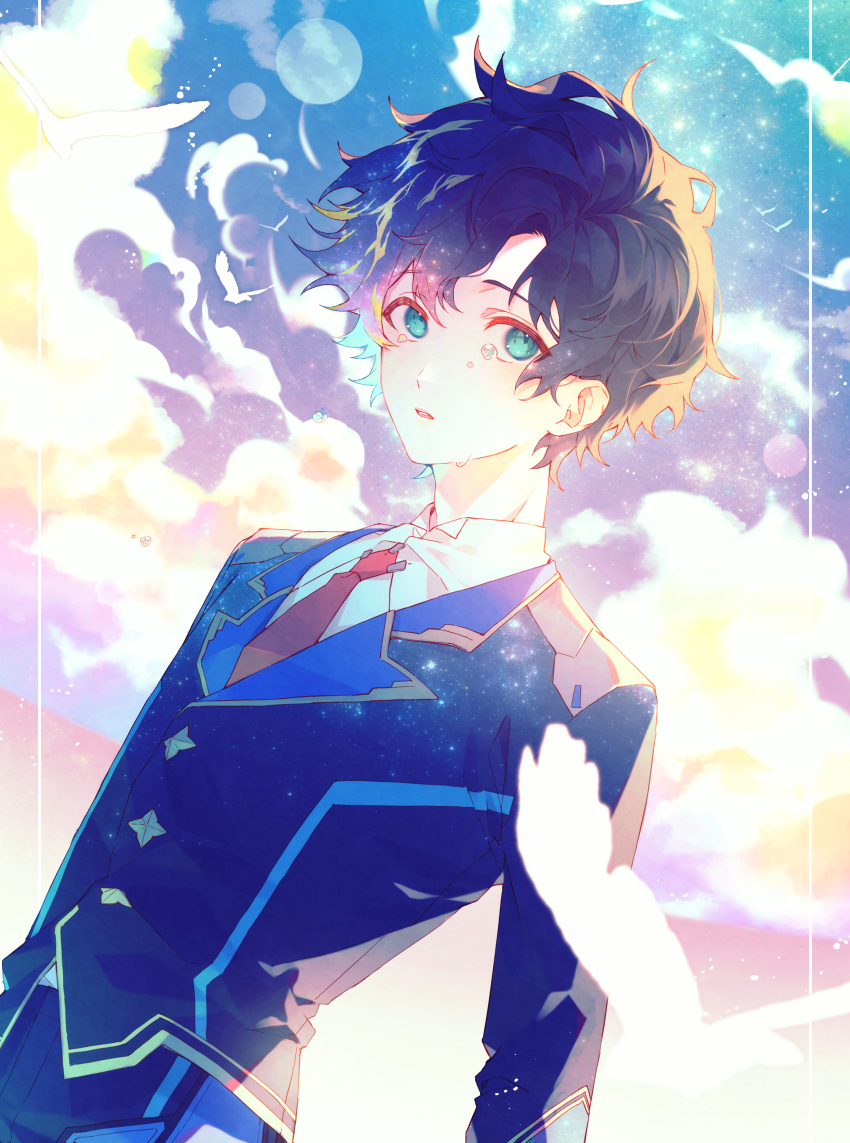 1boy, absurdres, aqua_eyes, astel_leda, bird, blonde_hair, blue_hair, blue_jacket