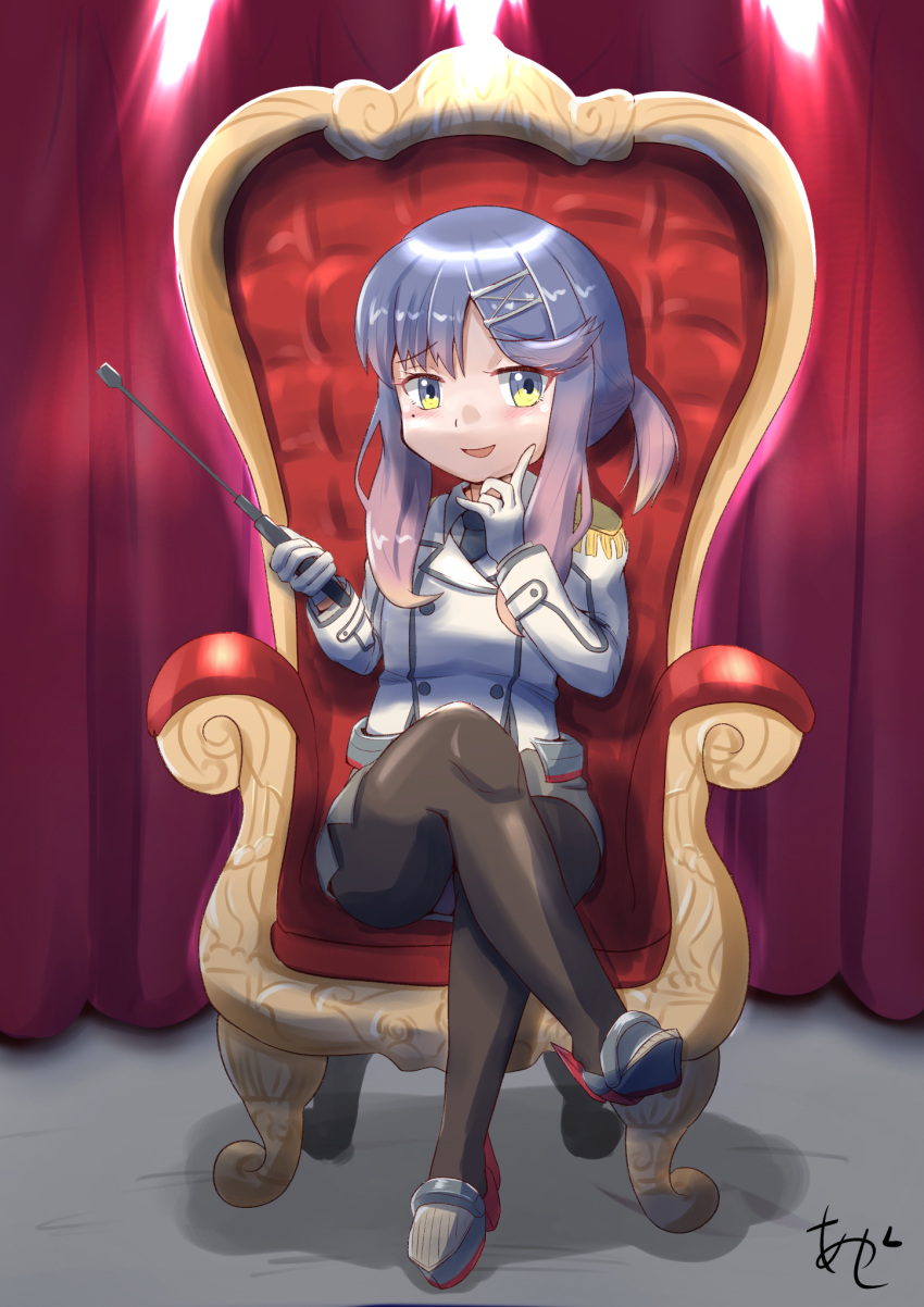 1girl, akashieru, black_necktie, black_pantyhose, buttons, chair, collared_shirt, commentary_request