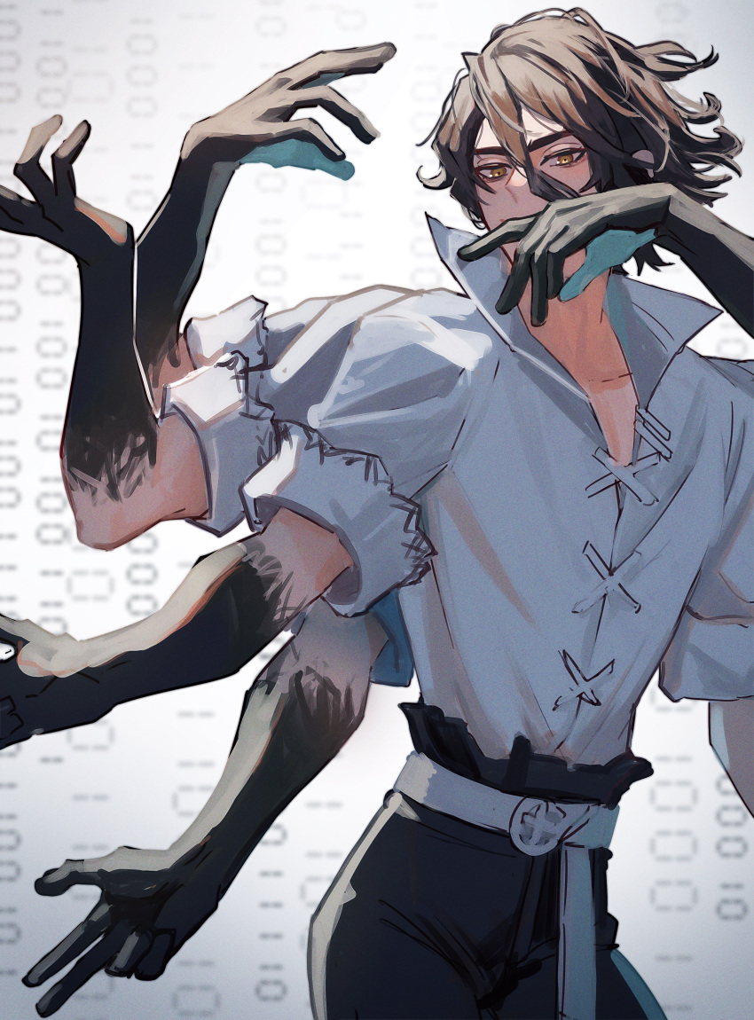 1boy, absurdres, belt, binary, black_hair, black_pants, black_skin, colored_skin, covered_mouth, cowboy_shot, cross-laced_clothes, dr._stone, extra_arms, gradient_skin, hair_between_eyes, hands_up, haruakira, high-waist_pants, highres, long_bangs, looking_at_viewer, male_focus, nanami_sai, pants, popped_collar, shirt, short_hair, short_sleeves, solo, white_background, white_belt, white_shirt, yellow_eyes