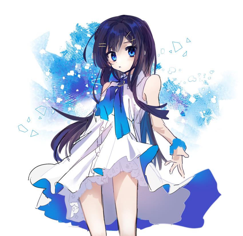 1girl, bare_shoulders, black_hair, blue_dress, blue_eyes, blue_hair, blue_ribbon, brooch