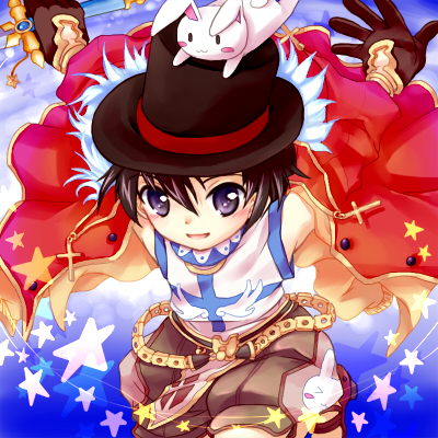1boy, :3, arms_behind_back, black_eyes, black_hair, black_headwear, blue_background, brown_gloves, brown_shorts, cape, commentary_request, cross, feet_out_of_frame, gloves, hair_between_eyes, hat, looking_at_viewer, lowres, male_focus, open_mouth, rabbit, ragnarok_online, red_cape, shiosumi_aya, shirt, short_hair, shorts, sleeveless, sleeveless_shirt, smile, solo, star_(symbol), super_novice_(ragnarok_online), top_hat, white_shirt
