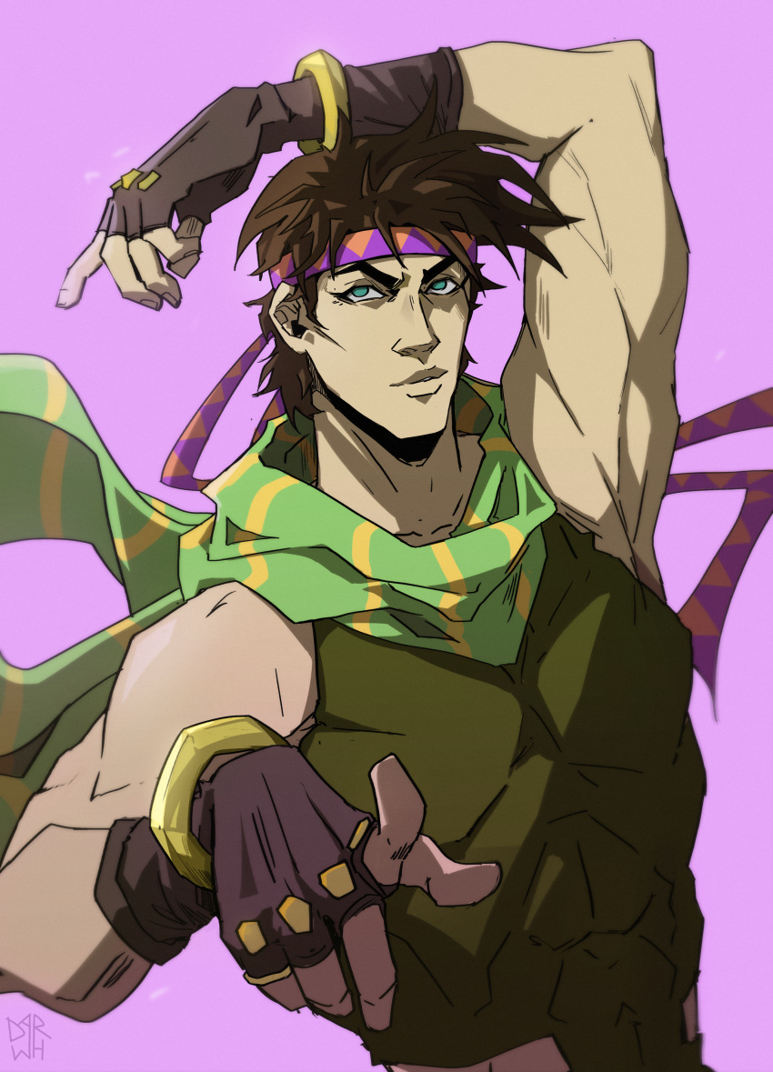 1boy, absurdres, blue_eyes, brown_hair, darwh, fingerless_gloves, gloves, green_scarf, headband, highres, jojo_no_kimyou_na_bouken, jojo_pose, joseph_joestar, joseph_joestar_(young), male_focus, pink_background, pointing, scarf, solo, striped, striped_scarf, triangle_mouth